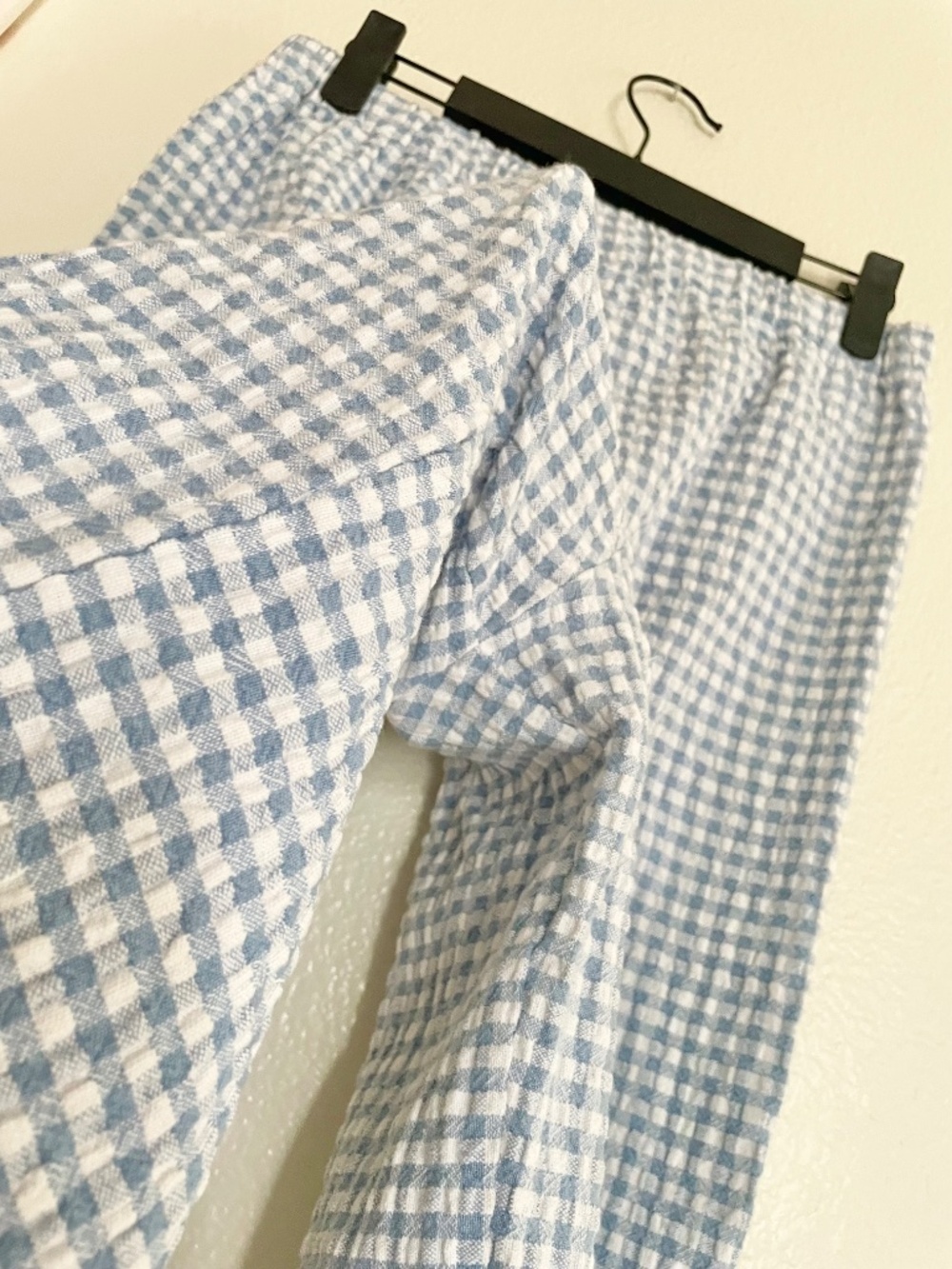 Vintage 80s Blue White Gingham Textured Capri Pants Elastic Waist M - Picture 4 of 5